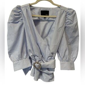 NWOT Kaii Los Angeles Blue & White Puff 3/4 Sleeve w/ Rhinestone Belt